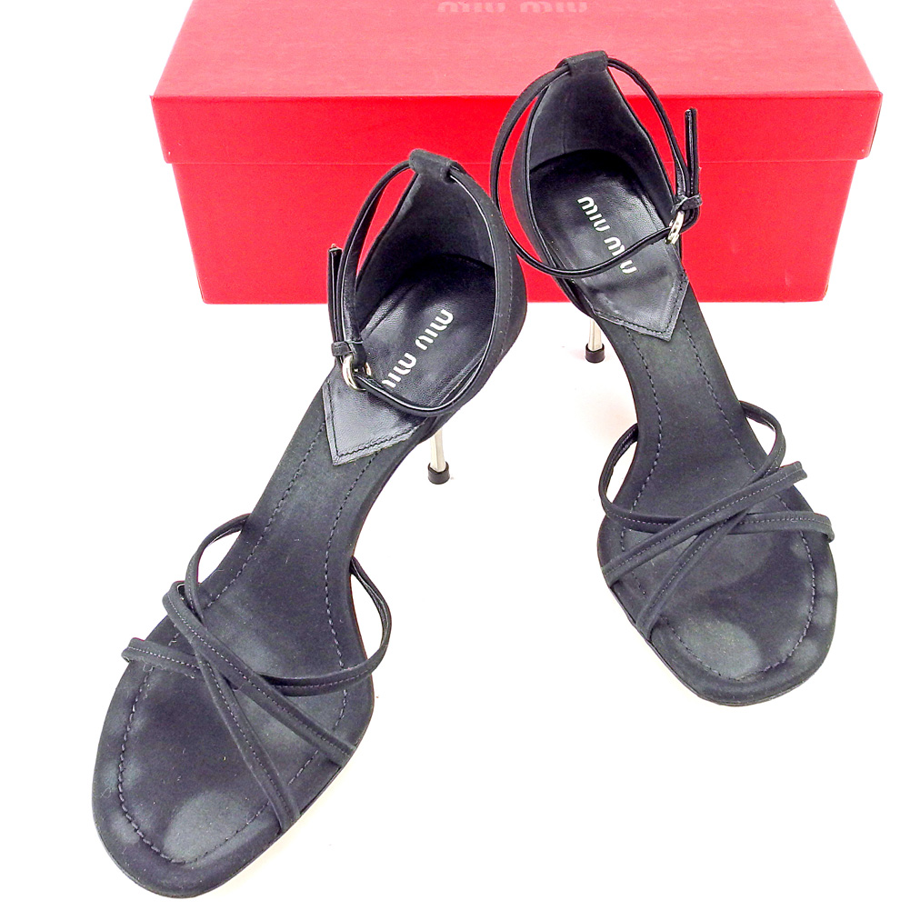 良品 セール◆ミュウミュウ◆miu miu◆サンダル シューズ 靴◆レディース ♯38 アンクルストラップ◆クロスデザイン◆ブラック シルバー◆サテン×レザー◆【中古】◆T5351 ■管理番号：T53